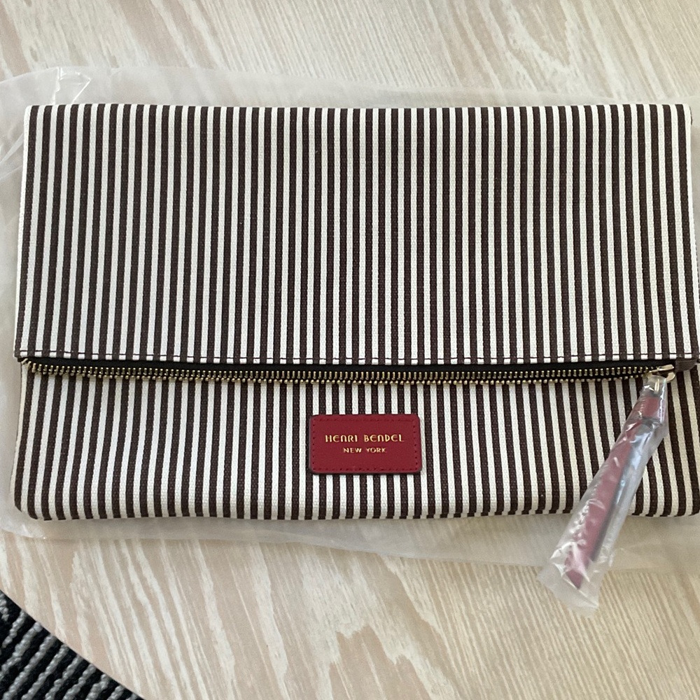 Henri Bendel Brown & White Striped Fold-Over Clutch with Red Logo